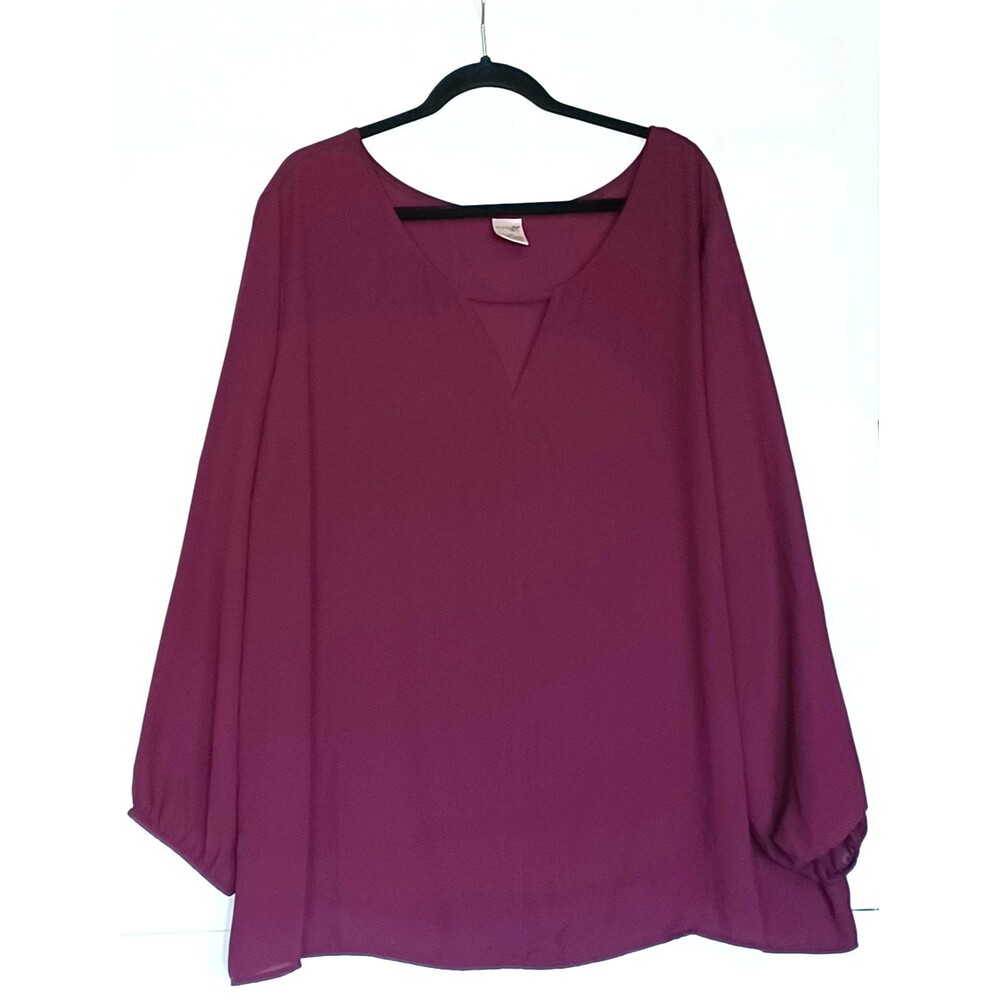 Terra & Sky Women's Shirt Plus 3X (24W-26W) Purple V‑Neck Semi-Sheer Long Sleeve